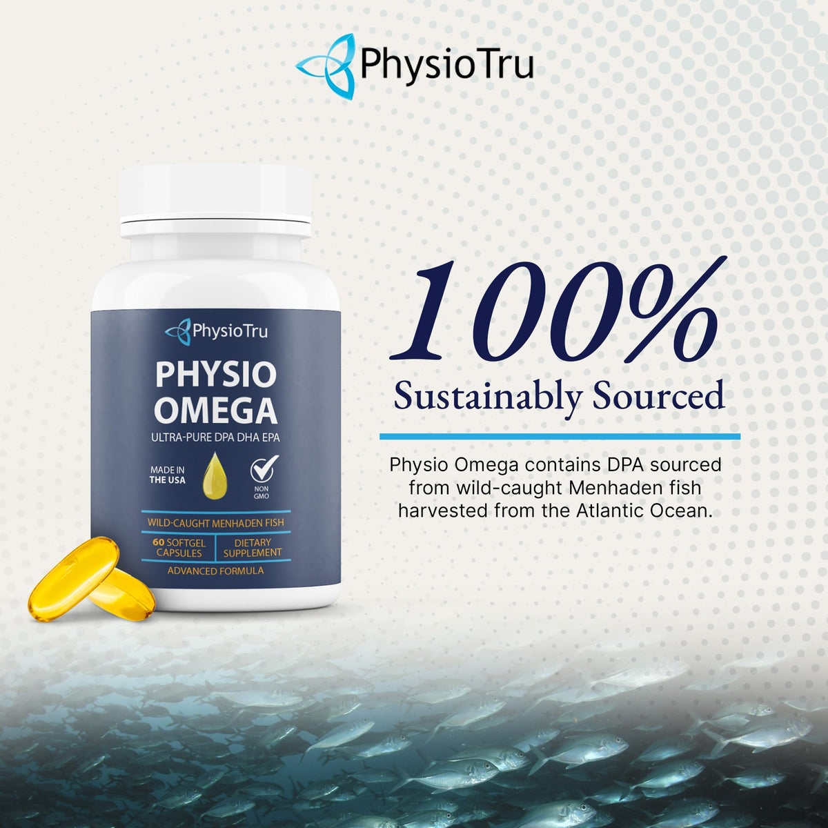 PhysioTru Omega 2400mg Fish Oil — EPA DHA DPA, Burpless, Light Citrus Flavor, Sustainably Sourced, 60 Softgels