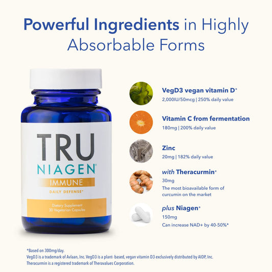 TRU NIAGEN Immune Support - NAD+ Boost, Vitamin C from Fermentation, Vitamin D3 2000 IU, Zinc, Theracurmin | 30ct