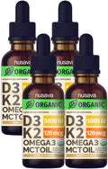NUSAVA 4 Pack Organic Vitamin D3 K2 Drops with MCT Oil – 5000 IU, Vanilla