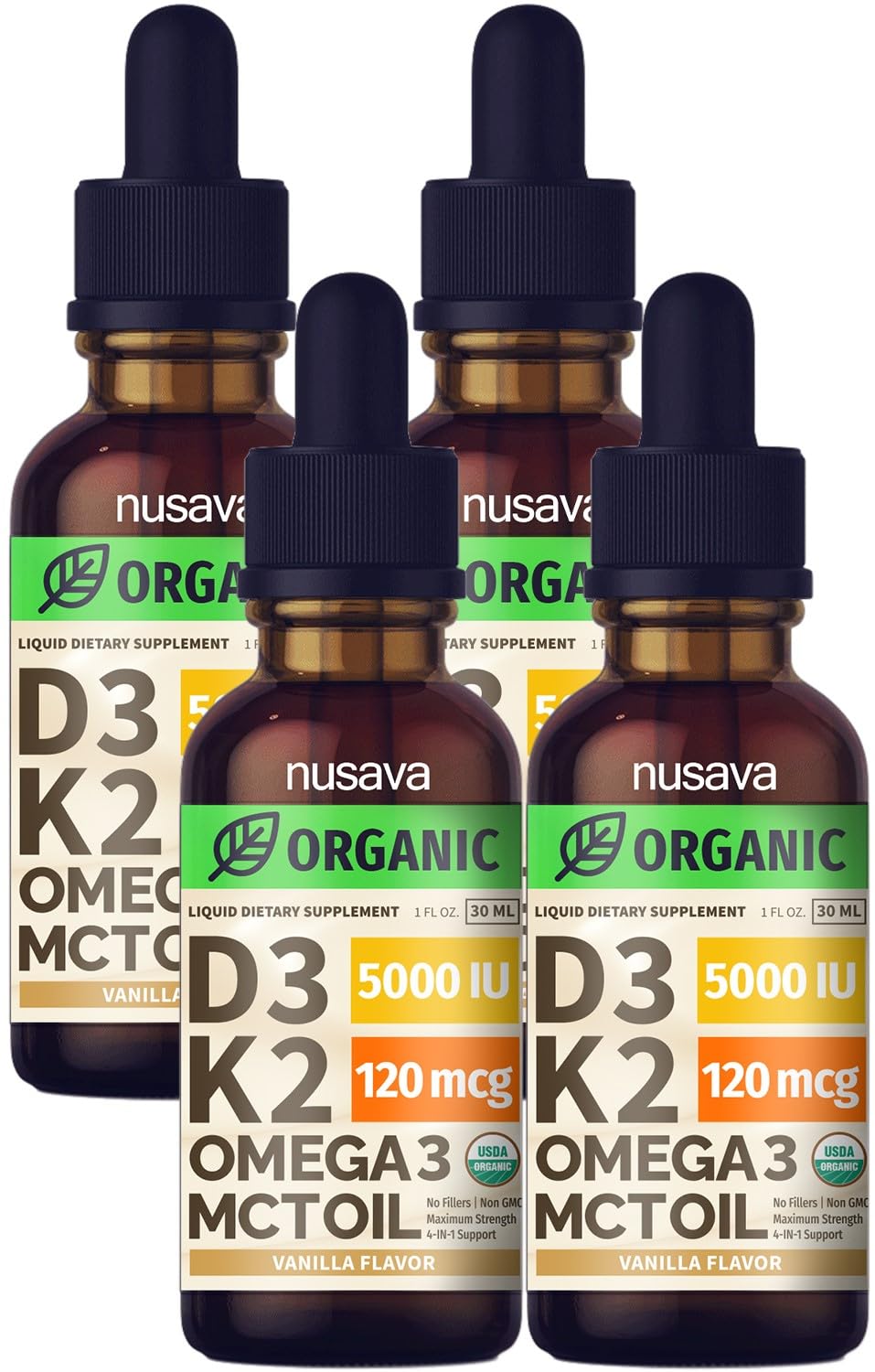 NUSAVA 4 Pack Organic Vitamin D3 K2 Drops with MCT Oil – 5000 IU, Vanilla