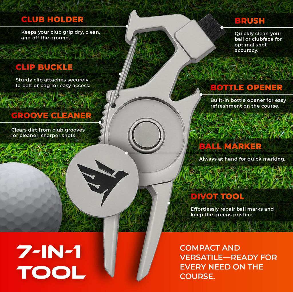 SWIFTEE Golf Divot Pitch Mark Repair Tool 7-in-1 Pearl Silver - Club Holder, Brush, Clip Buckle, Groove Cleaner, Bottle Opener, Ball Marker, Divot Tool - Gift Box Included