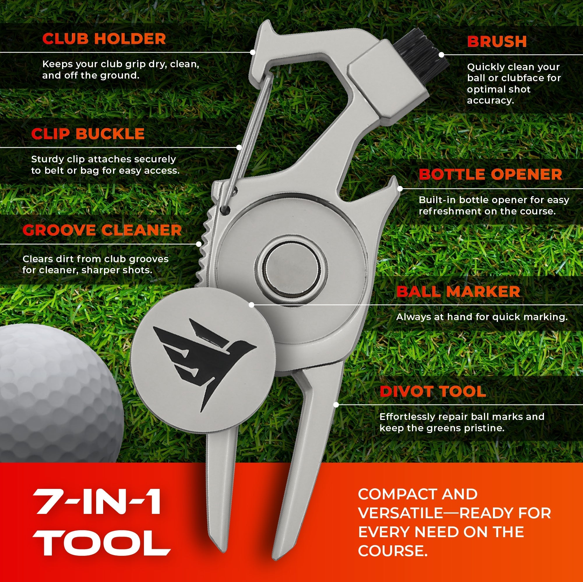 SWIFTEE Golf Divot Pitch Mark Repair Tool 7-in-1 Antique Copper - Club Holder, Brush, Clip Buckle, Groove Cleaner, Bottle Opener, Ball Marker, Divot Tool - Gift Box Included Free Delivery