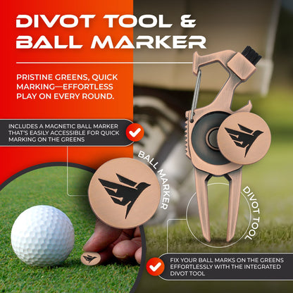 SWIFTEE Golf Divot Pitch Mark Repair Tool 7-in-1 Antique Copper - Club Holder, Brush, Clip Buckle, Groove Cleaner, Bottle Opener, Ball Marker, Divot Tool - Gift Box Included Free Delivery