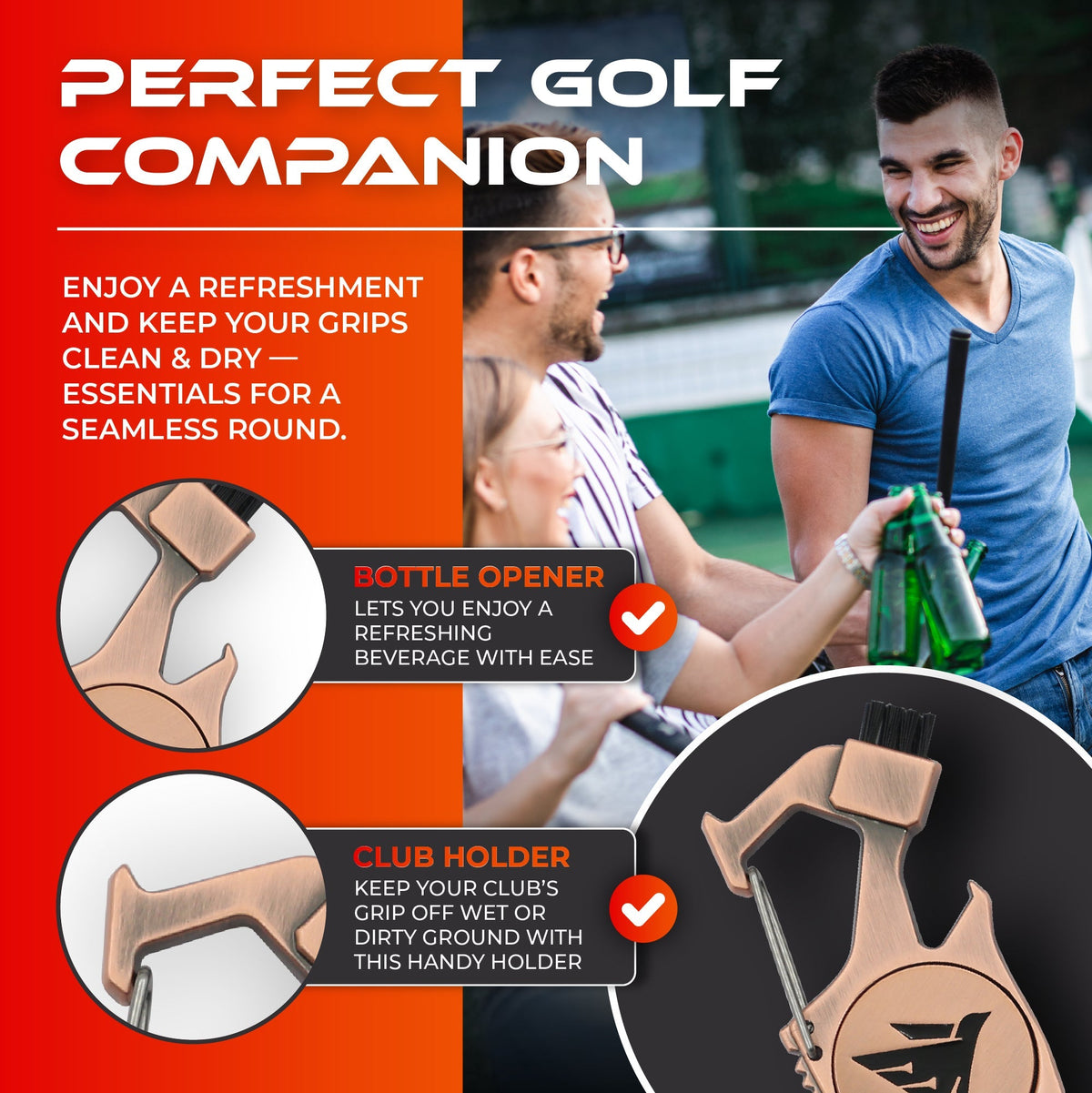 SWIFTEE Golf Divot Pitch Mark Repair Tool 7-in-1 Antique Copper - Club Holder, Brush, Clip Buckle, Groove Cleaner, Bottle Opener, Ball Marker, Divot Tool - Gift Box Included Free Delivery
