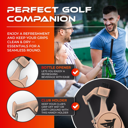 SWIFTEE Golf Divot Pitch Mark Repair Tool 7-in-1 Antique Copper - Club Holder, Brush, Clip Buckle, Groove Cleaner, Bottle Opener, Ball Marker, Divot Tool - Gift Box Included Free Delivery
