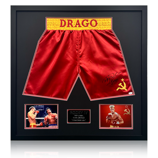 Dolph Lundgren Signed Ivan Drago Rocky IV Boxing Shorts Elite Frame (JSA)