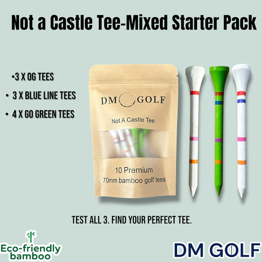 Not A Castle Tee-Mixed Sample Bag-70mm Premium Bamboo Golf Tee With Orange, Pink, Blue & Red Castle Tee Height Indicators -10 Pack