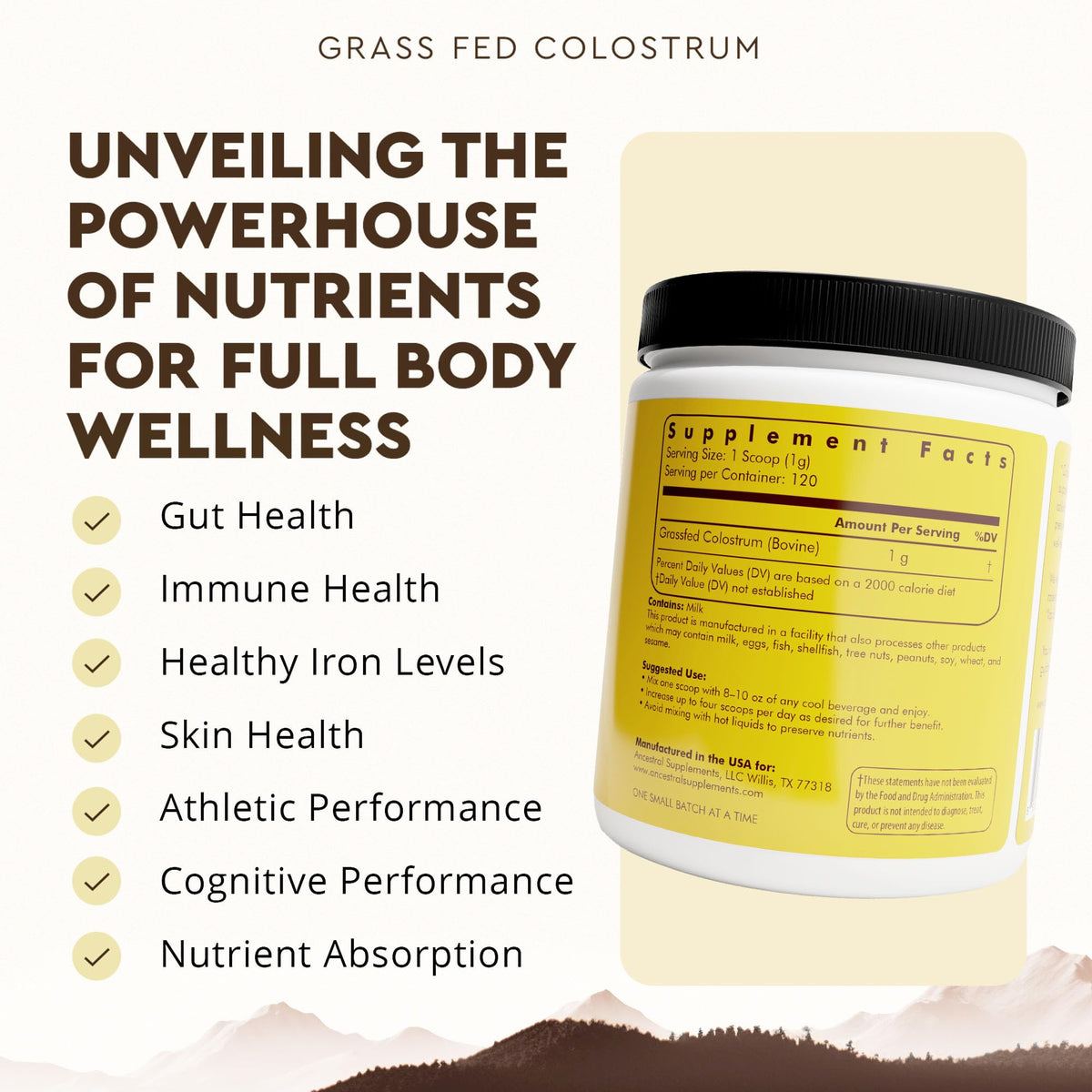 Ancestral Supplements Bovine Colostrum Powder – Grass-Fed, Freeze-Dried, Gut Health & Immune Support, 120 Servings
