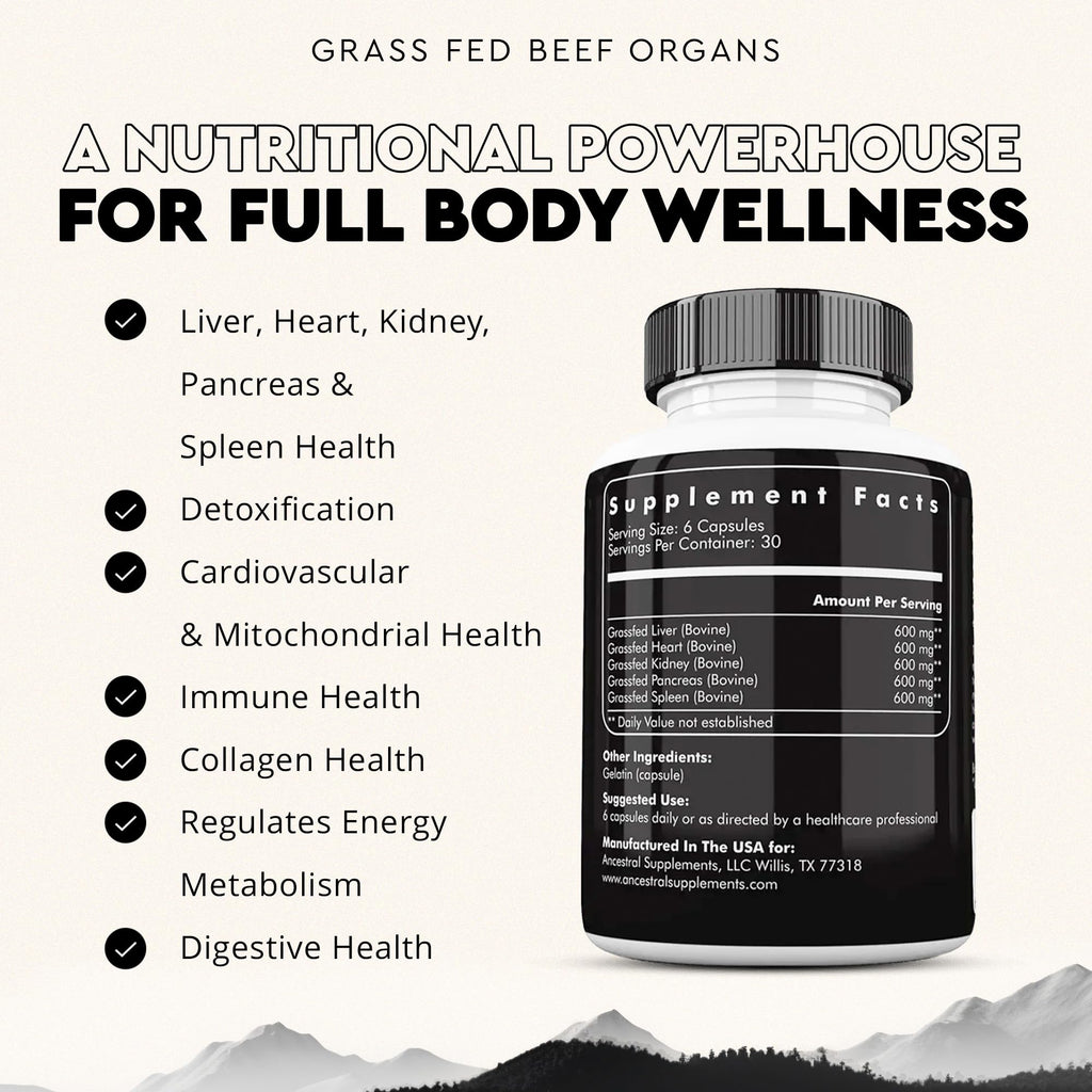 Ancestral Supplements Grass-Fed Beef Organs – Liver, Heart, Kidney, Pancreas, Spleen | 180 Capsules