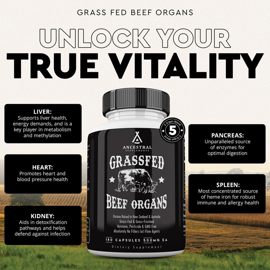 Ancestral Supplements Grass-Fed Beef Organs – Liver, Heart, Kidney, Pancreas, Spleen | 180 Capsules