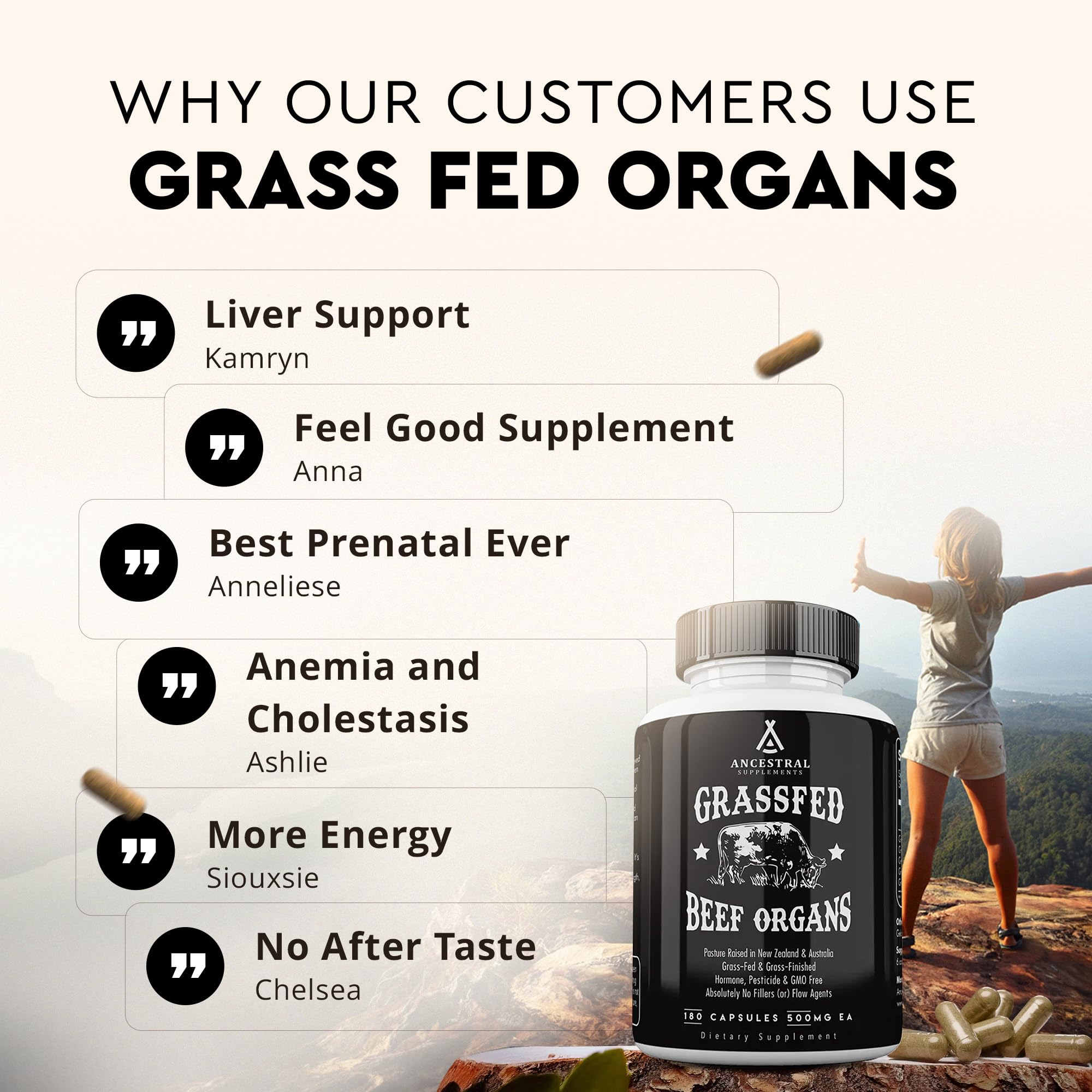 Ancestral Supplements Grass-Fed Beef Organs – Liver, Heart, Kidney, Pancreas, Spleen | 180 Capsules