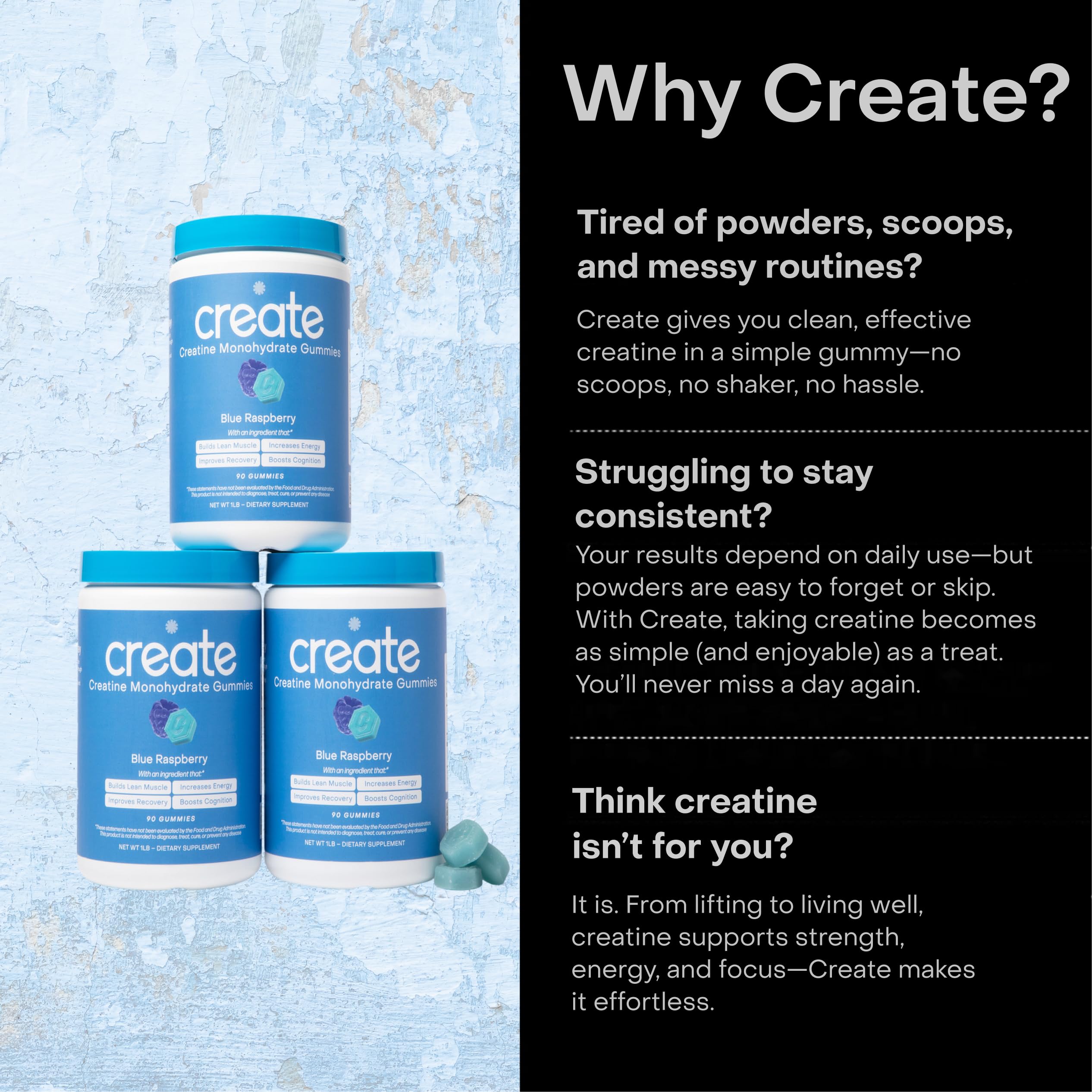 Create Creatine Monohydrate Gummies – 1.5g per Gummy, Vegan, Anti-Melting