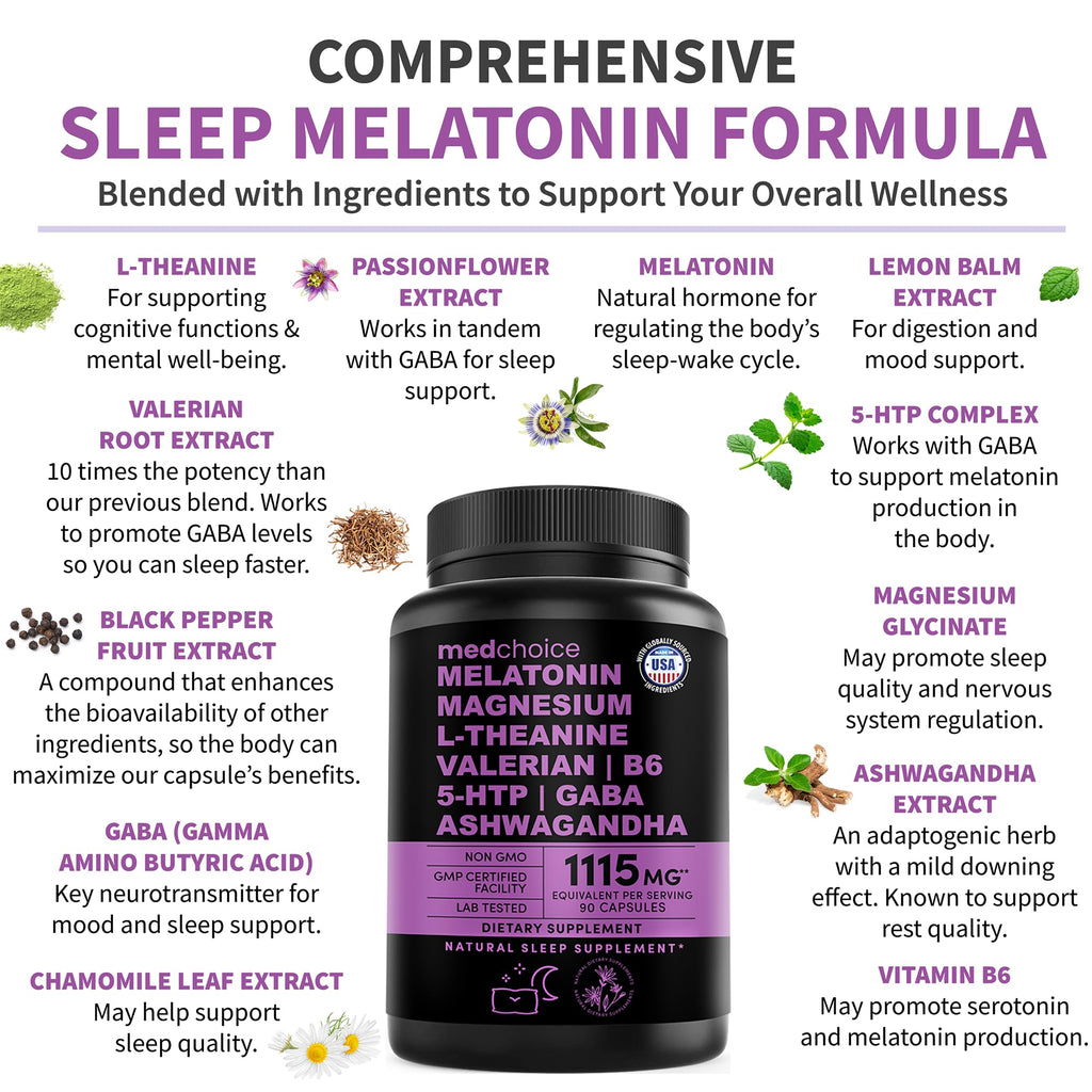 MEDCHOICE 12-in-1 Melatonin Sleep Capsules – 5 mg Melatonin & 500 mg Magnesium Glycinate (90ct, Pack of 3)