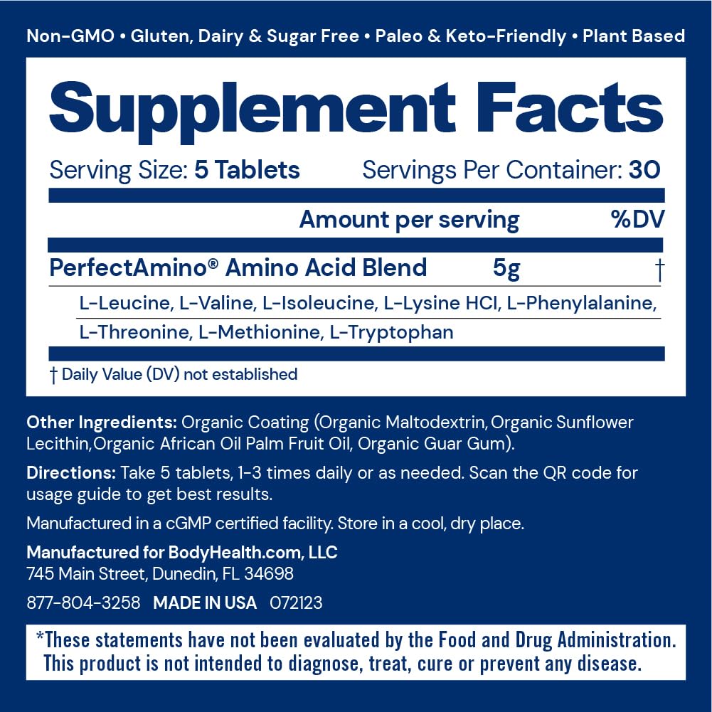 BodyHealth PerfectAmino – Easy to Swallow Tablets | Essential Amino Acids + BCAAs, Vegan Protein (36 Servings)