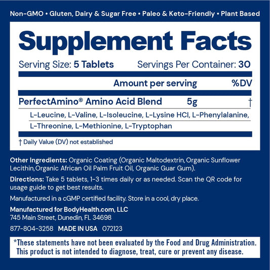 BodyHealth PerfectAmino – Easy to Swallow Tablets | Essential Amino Acids + BCAAs, Vegan Protein (36 Servings)