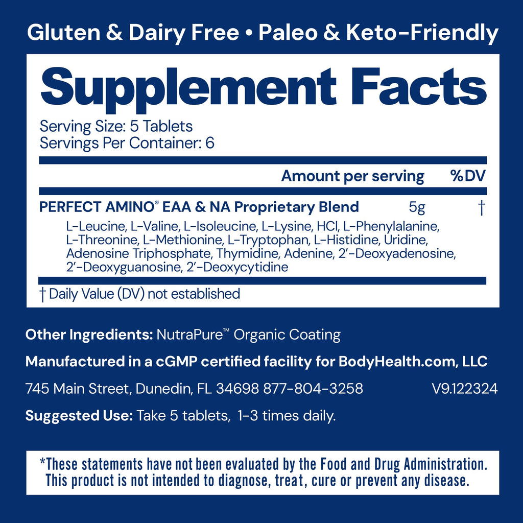 BodyHealth PerfectAmino – Easy to Swallow Tablets | Essential Amino Acids + BCAAs, Vegan Protein (36 Servings)