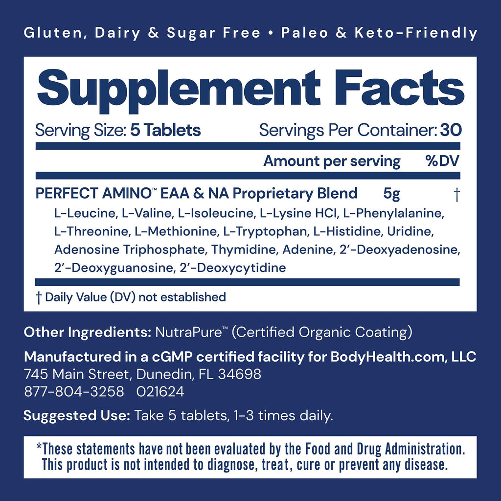 BodyHealth PerfectAmino 150 ct – Easy-to-Swallow Vegan Amino Acids with BCAAs for Muscle Recovery