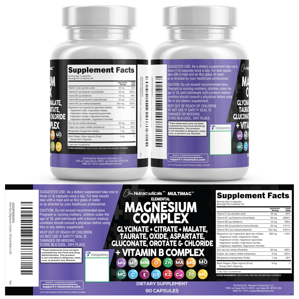 Clean Nutraceuticals MultiMag Magnesium Complex - 9 Magnesium Forms + B Vitamins (180 Capsules, Pack of 2)