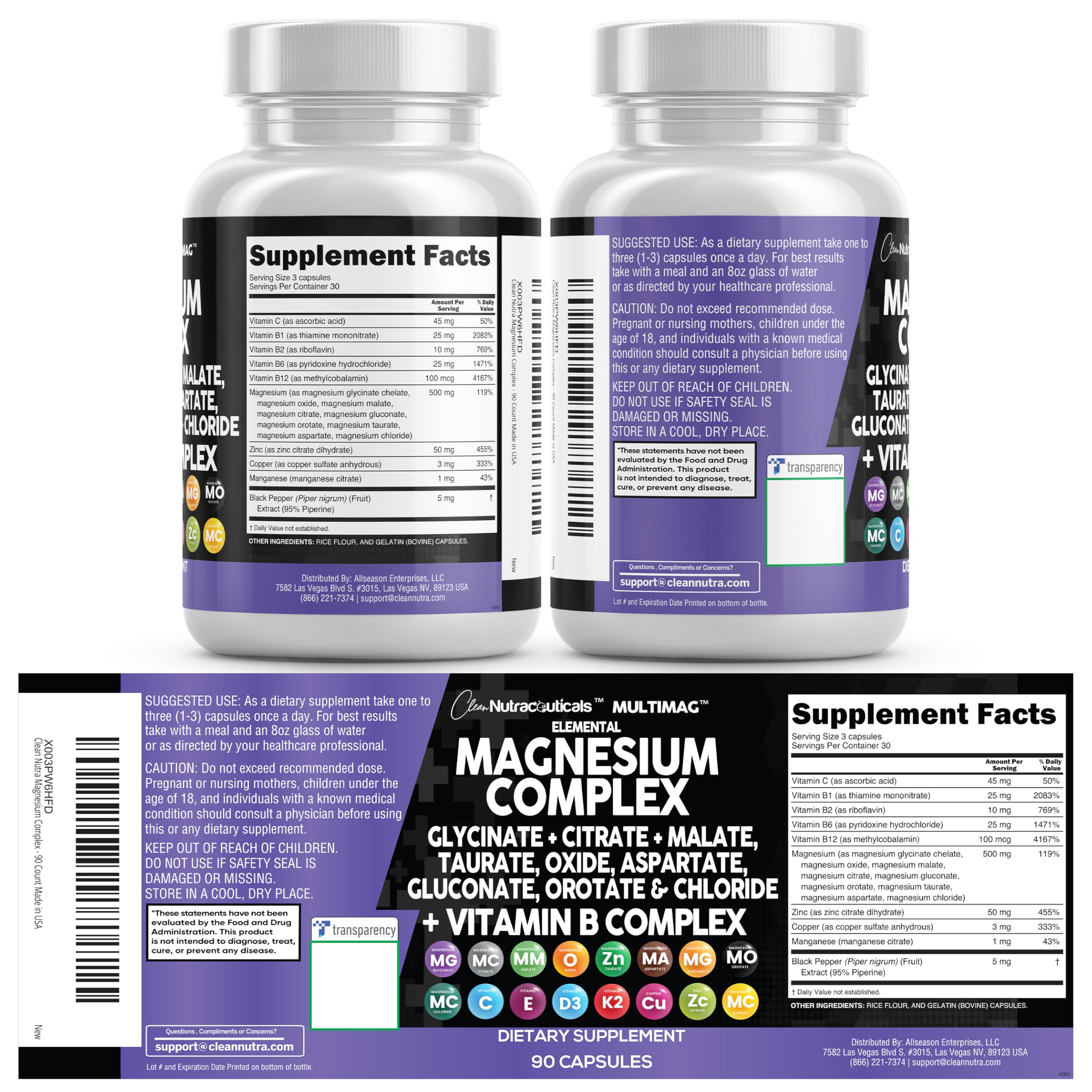 Clean Nutraceuticals MultiMag Magnesium Complex - 9 Magnesium Forms + B Vitamins (180 Capsules, Pack of 2)