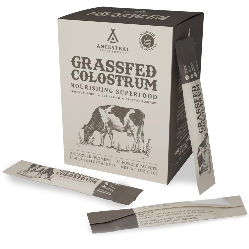 Ancestral Supplements Grass-Fed Beef Bovine Colostrum Powder Packets – Immune Support, Gut Health, 30 Sticks