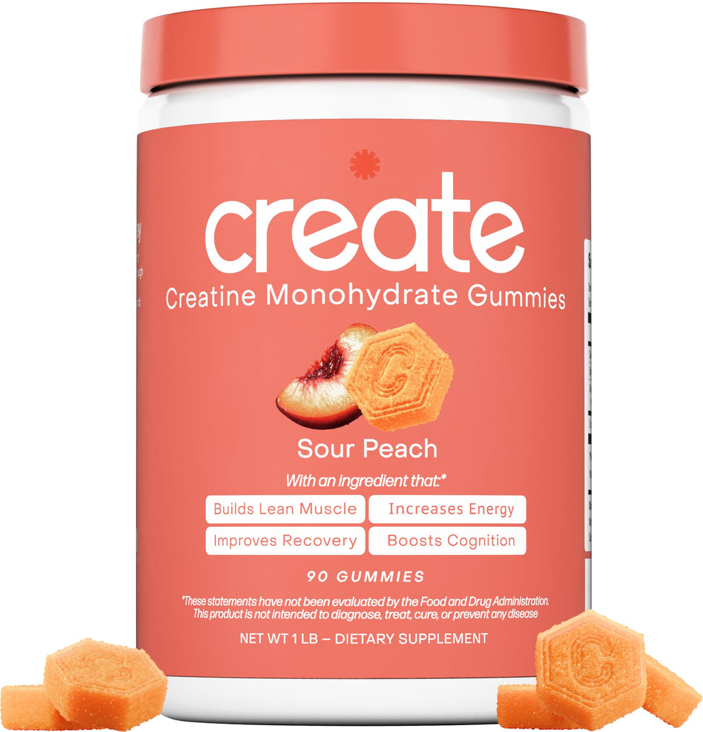 Create Creatine Monohydrate Gummies – 1.5g Per Gummy, Vegan, Anti-Melting, Sour Peach Flavor