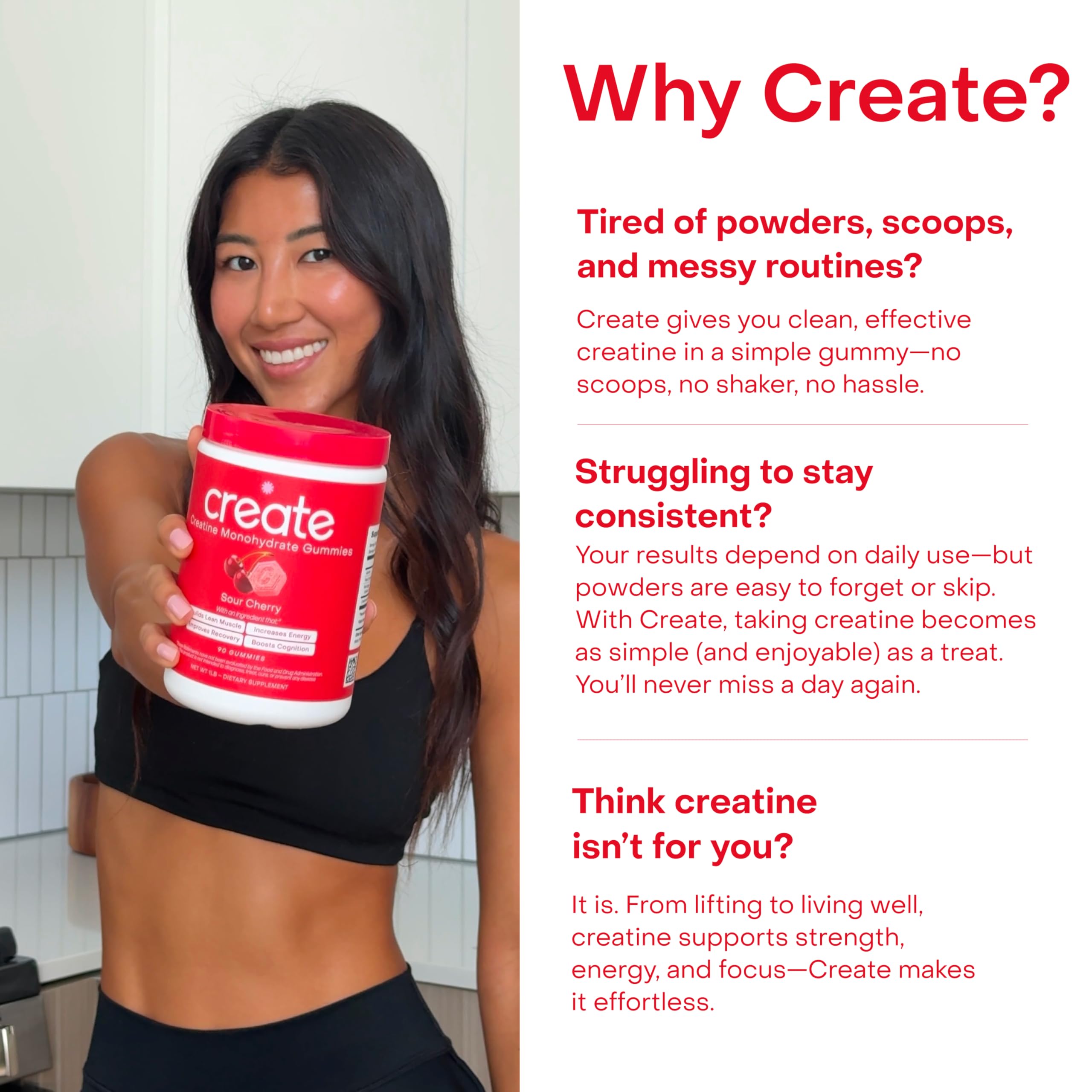 Create Creatine Monohydrate Gummies – 1.5g Per Gummy, Sour Cherry, Vegan, Gluten‑Free