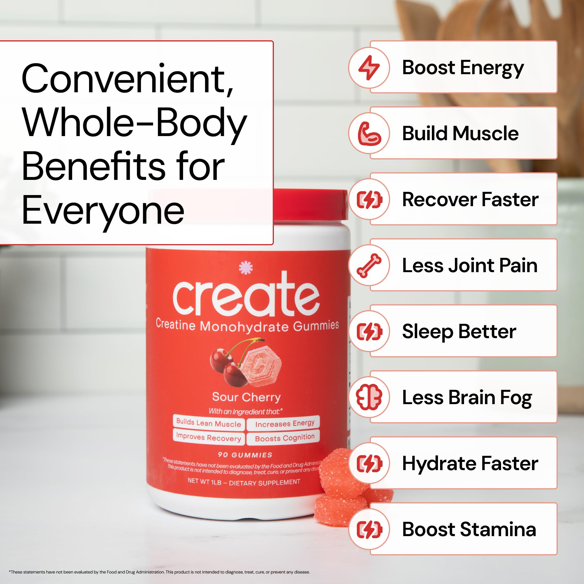 Create Creatine Monohydrate Gummies – 1.5g Per Gummy, Sour Cherry, Vegan, Gluten‑Free
