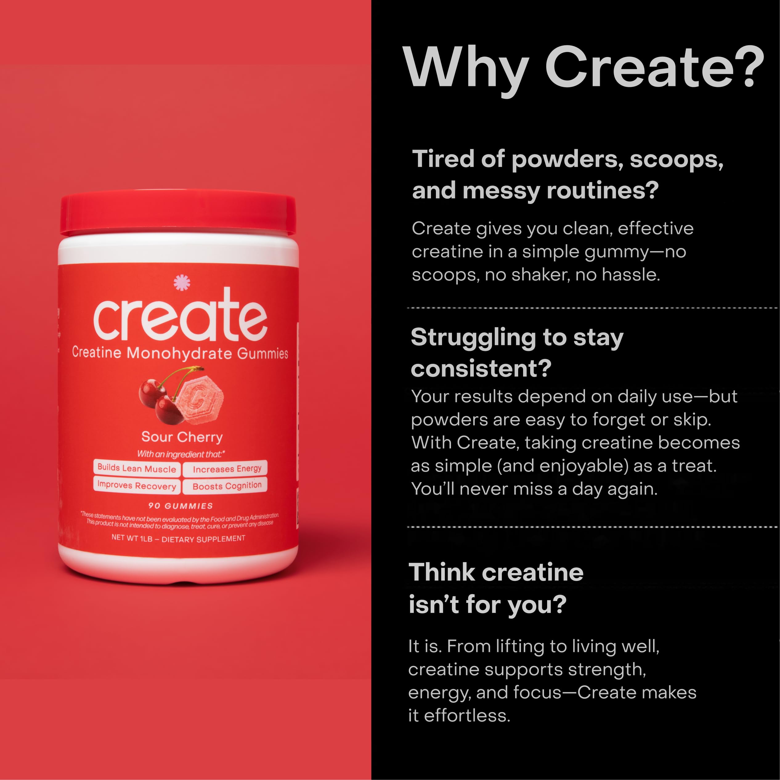 Create Creatine Monohydrate Gummies – 1.5g Per Gummy, Sour Cherry, Vegan, Gluten‑Free