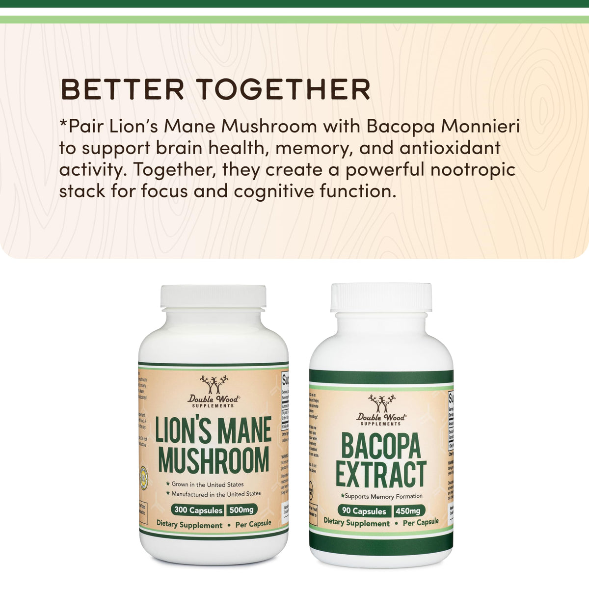 Double Wood Organic Lions Mane Capsules (300 ct) – Focus & Immune Support, USA-Grown