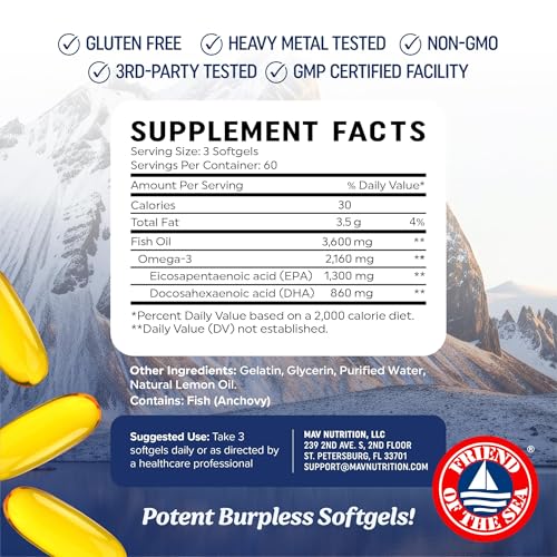 Triple Strength Omega-3 Fish Oil 3600 mg | EPA & DHA | 180 Ct | Burpless