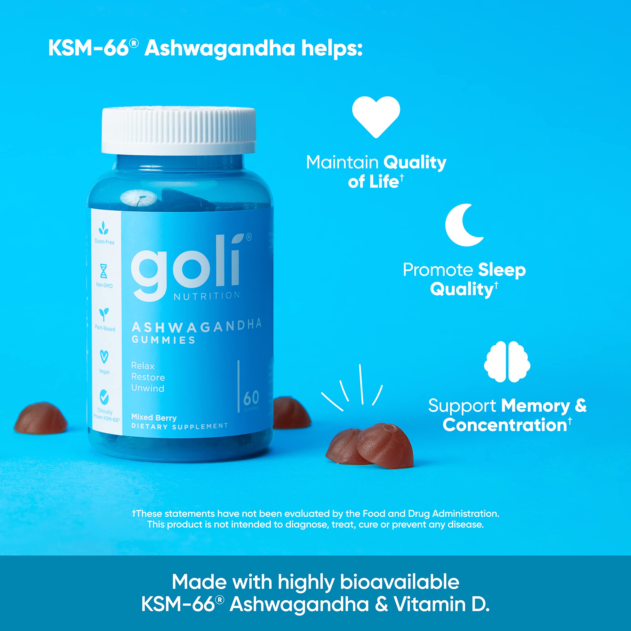 Goli Ashwagandha & Vitamin D Gummies - 300 Count (Pack of 5) | Mixed Berry, Vegan