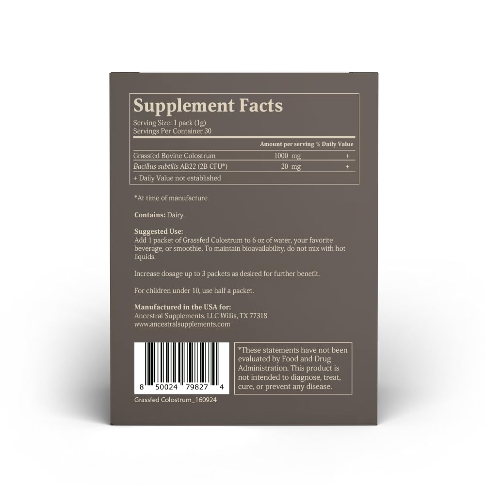 Ancestral Supplements Grass-Fed Beef Bovine Colostrum Powder Packets – Immune Support, Gut Health, 30 Sticks