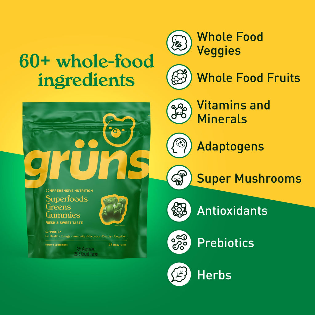 Grüns Adults Super Greens Multivitamin Gummies – 60+ Nutrients, 6g Fiber, 28 Pack