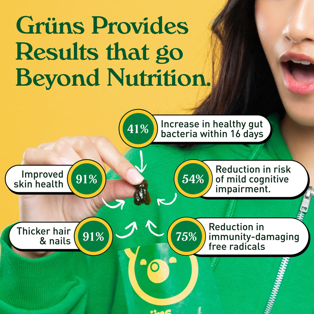 Grüns Adults Super Greens Multivitamin Gummies – 60+ Nutrients, 6g Fiber, 28 Pack