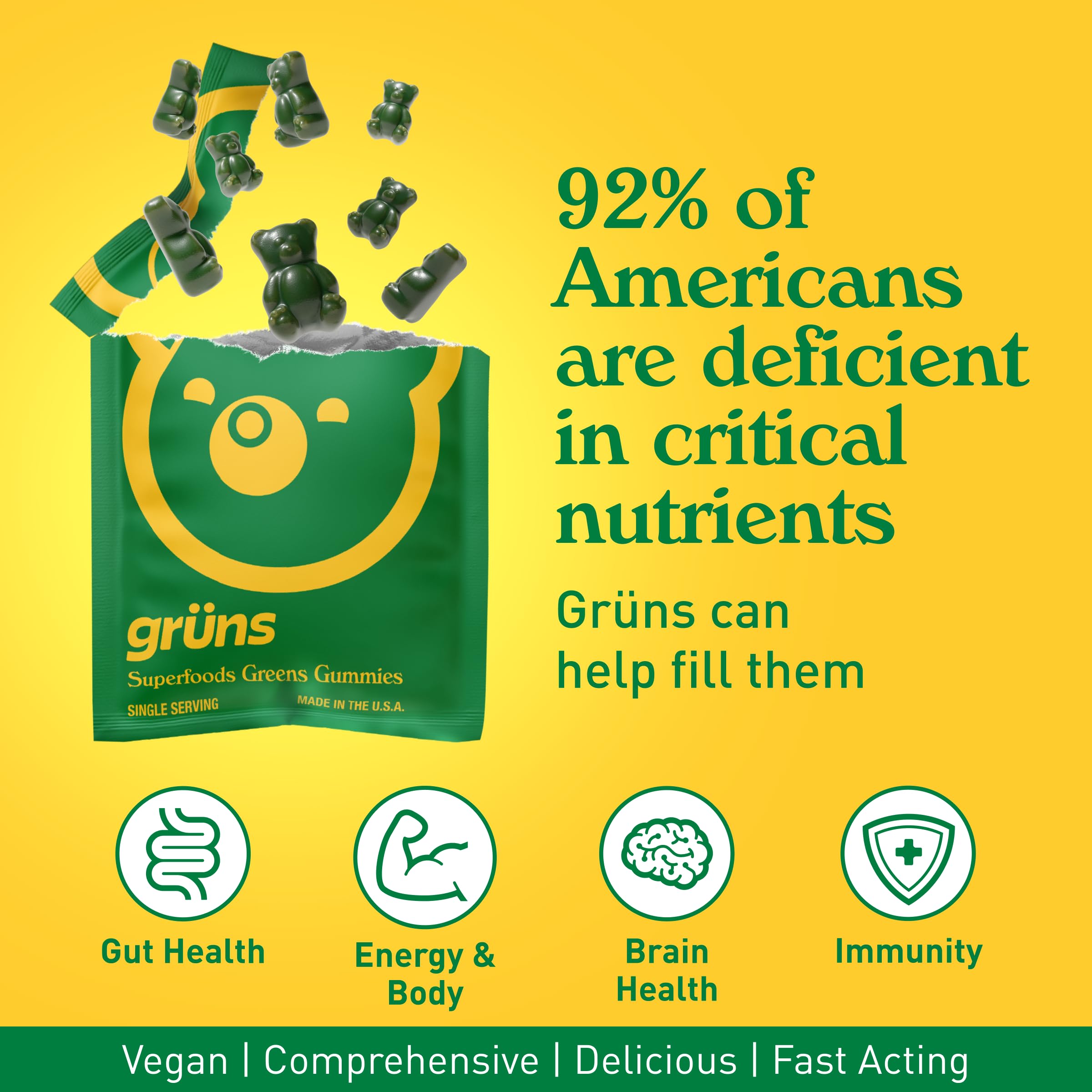 Grüns Adults Super Greens Multivitamin Gummies – 60+ Nutrients, 6g Fiber, 28 Pack