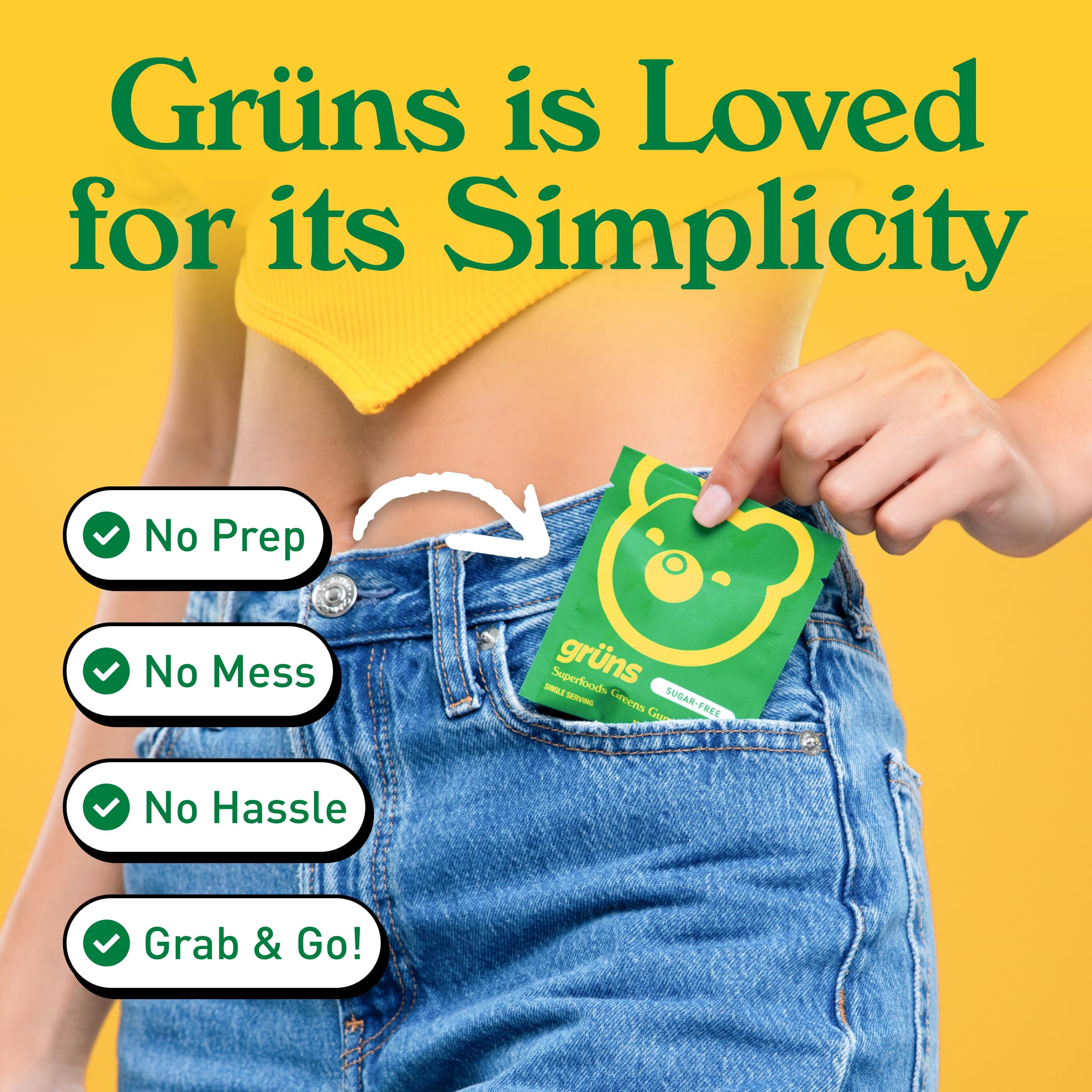 Grüns Adults Super Greens Multivitamin Gummies – 60+ Nutrients, 6g Fiber, 28 Pack