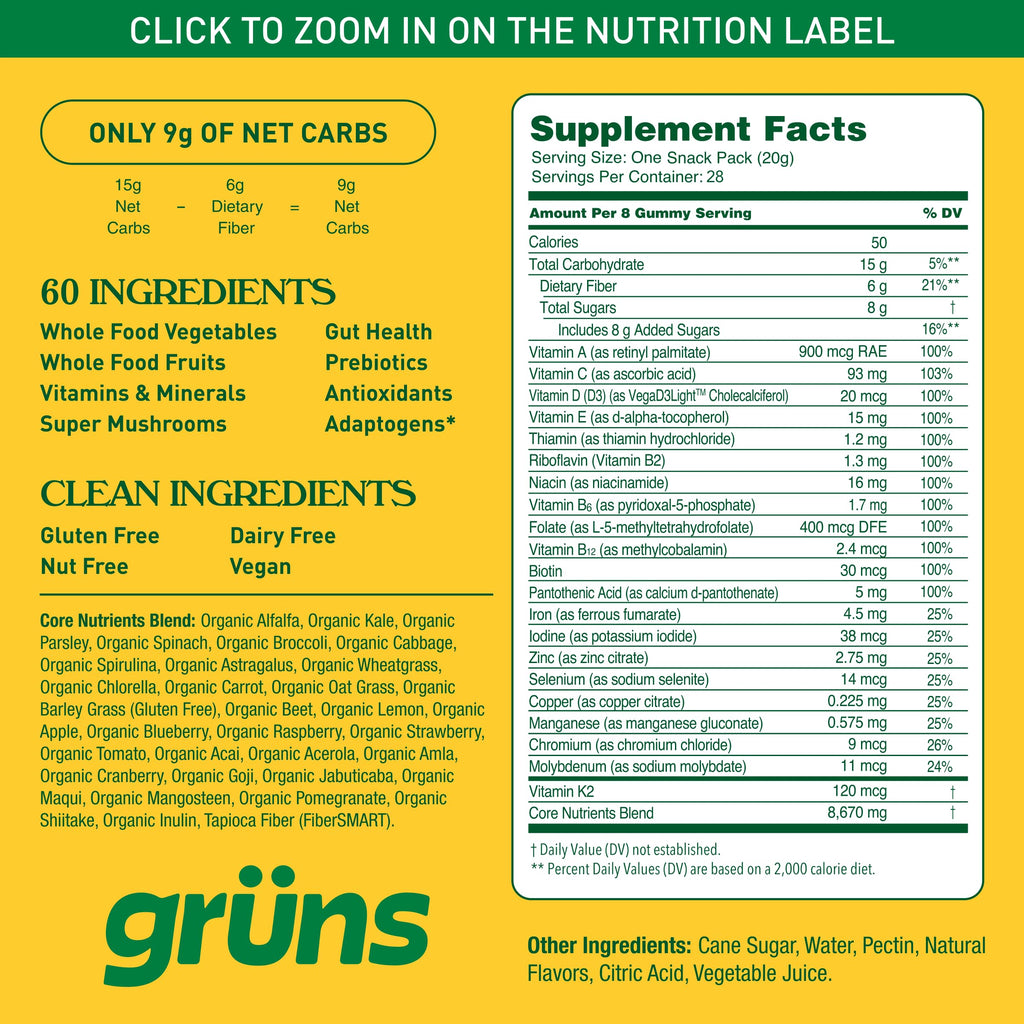 Grüns Adults Super Greens Multivitamin Gummies – 60+ Nutrients, 6g Fiber, 28 Pack