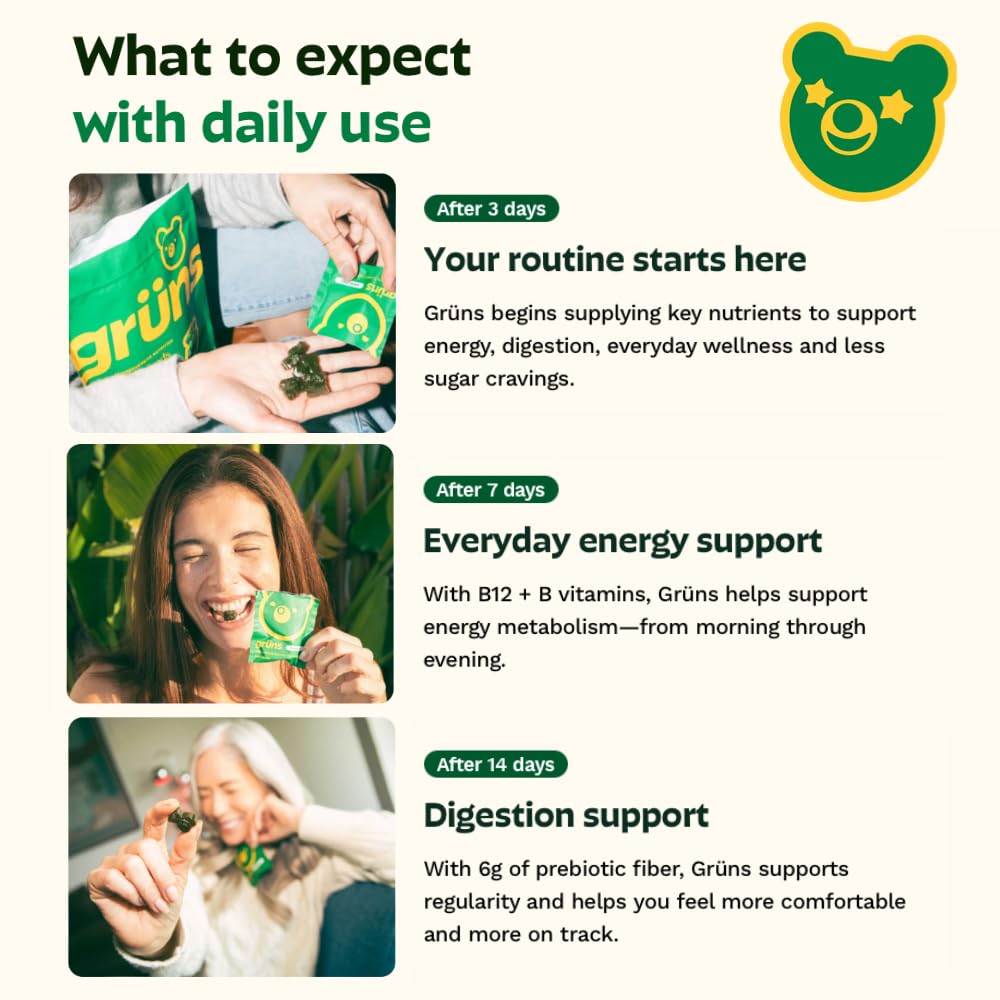 Grüns Adults Super Greens Multivitamin Gummies – 60+ Nutrients, 6g Fiber, 28 Pack