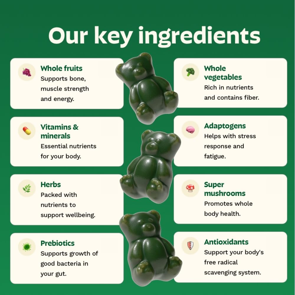 Grüns Adults Super Greens Multivitamin Gummies – 60+ Nutrients, 6g Fiber, 28 Pack