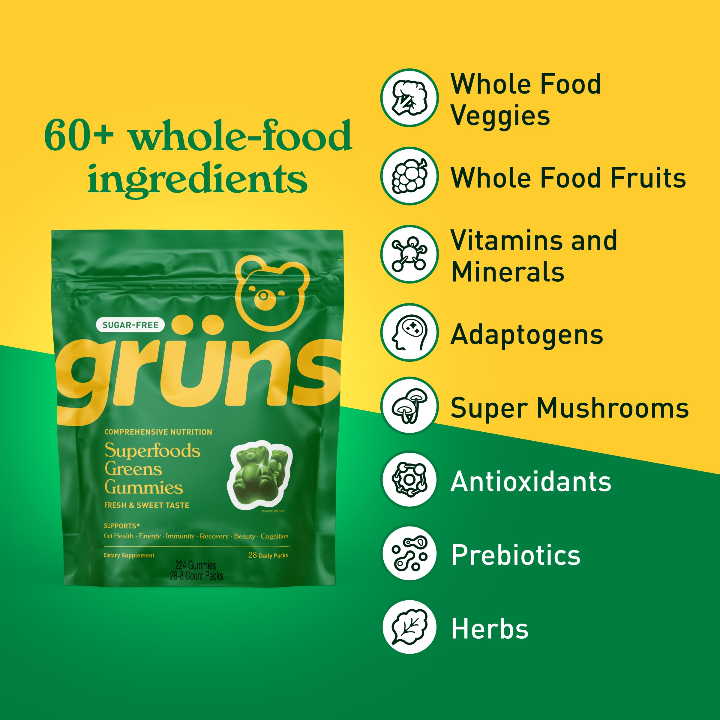 Grüns Adult Sugar-Free Super Greens Gummies – Multivitamin with 60+ Ingredients, 28 Daily Packets