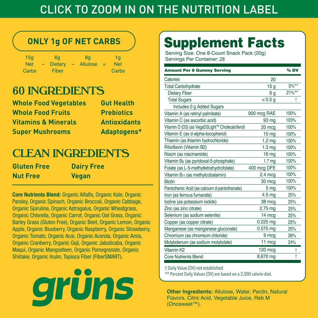 Grüns Adult Sugar-Free Super Greens Gummies – Multivitamin with 60+ Ingredients, 28 Daily Packets