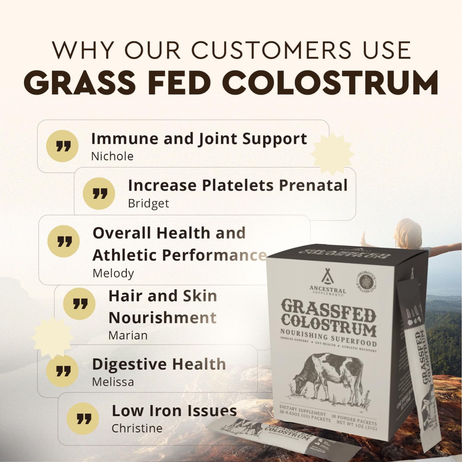 Ancestral Supplements Grass-Fed Beef Bovine Colostrum Powder Packets – Immune Support, Gut Health, 30 Sticks