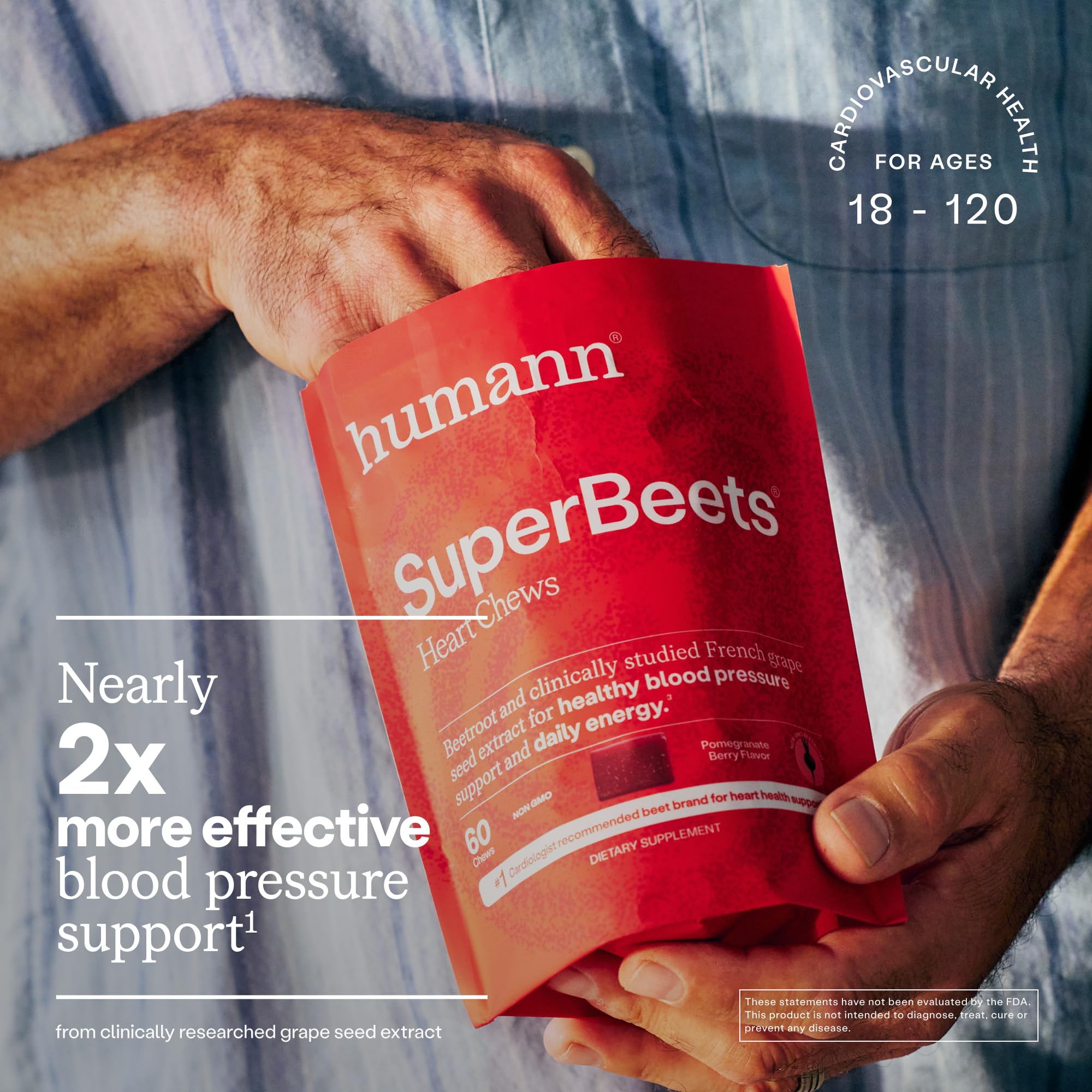 Humann SuperBeets Heart Chews – Nitric Oxide & Blood Pressure Support, Pomegranate Berry Flavor, 60 Count