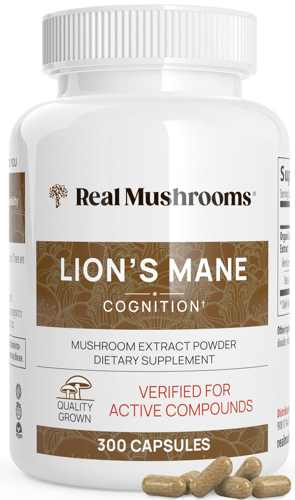 Real Mushrooms Lion’s Mane Supplement Capsules - Organic, Vegan, 300 ct, Beta-Glucan Rich