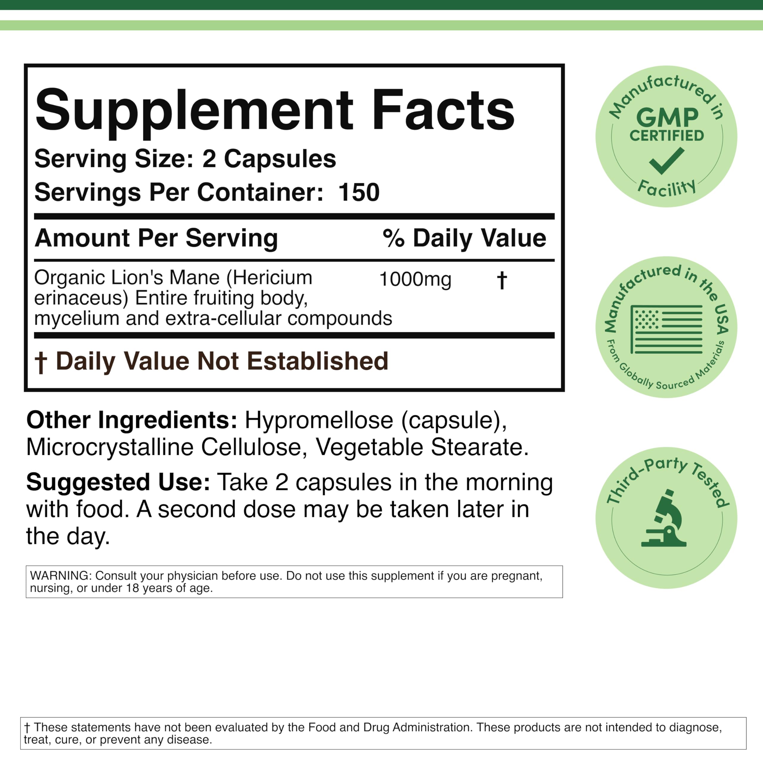 Double Wood Organic Lions Mane Capsules (300 ct) – Focus & Immune Support, USA-Grown