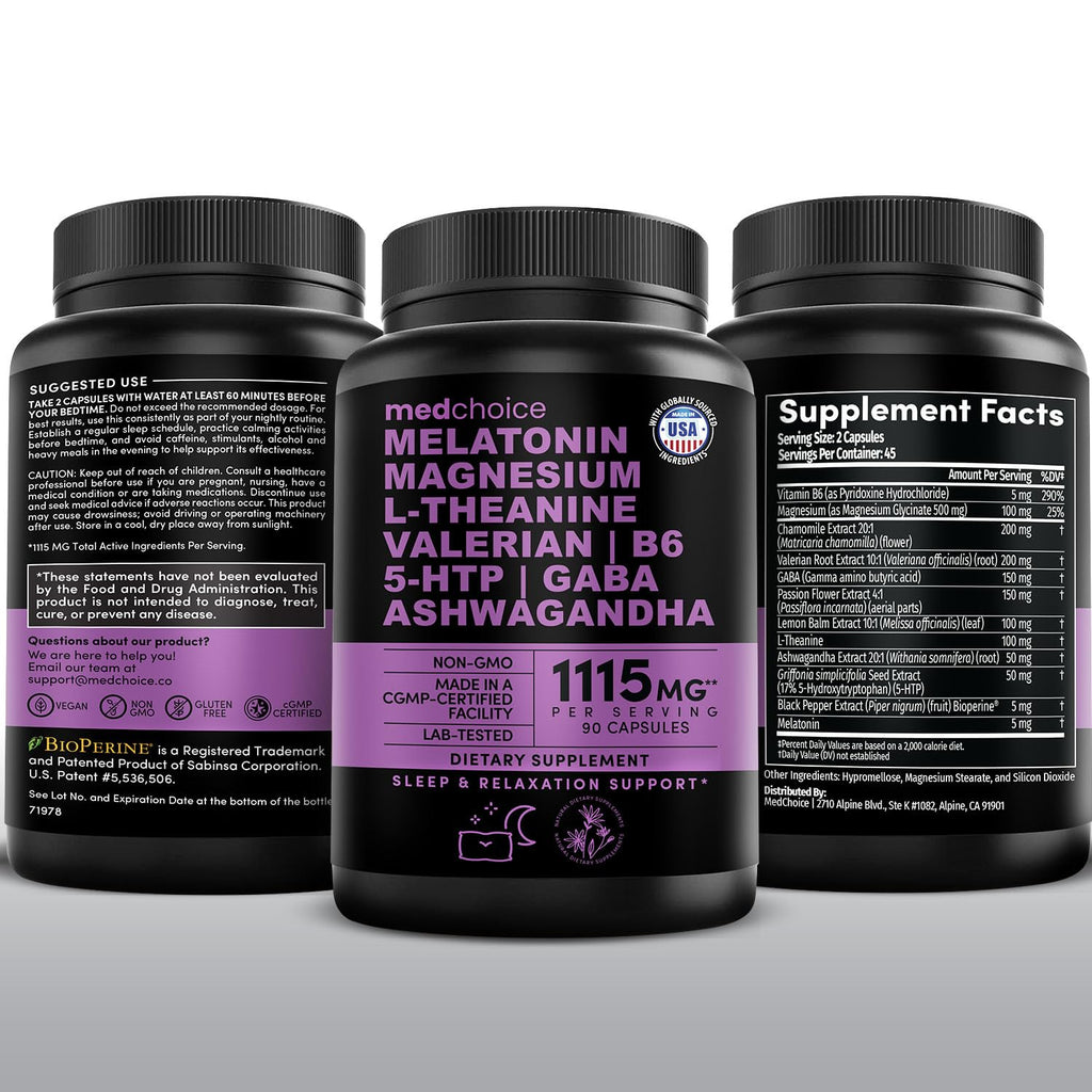 MEDCHOICE 12-in-1 Melatonin Sleep Capsules – Melatonin 5 mg + Magnesium Glycinate 500 mg (90 ct, Pack of 2)