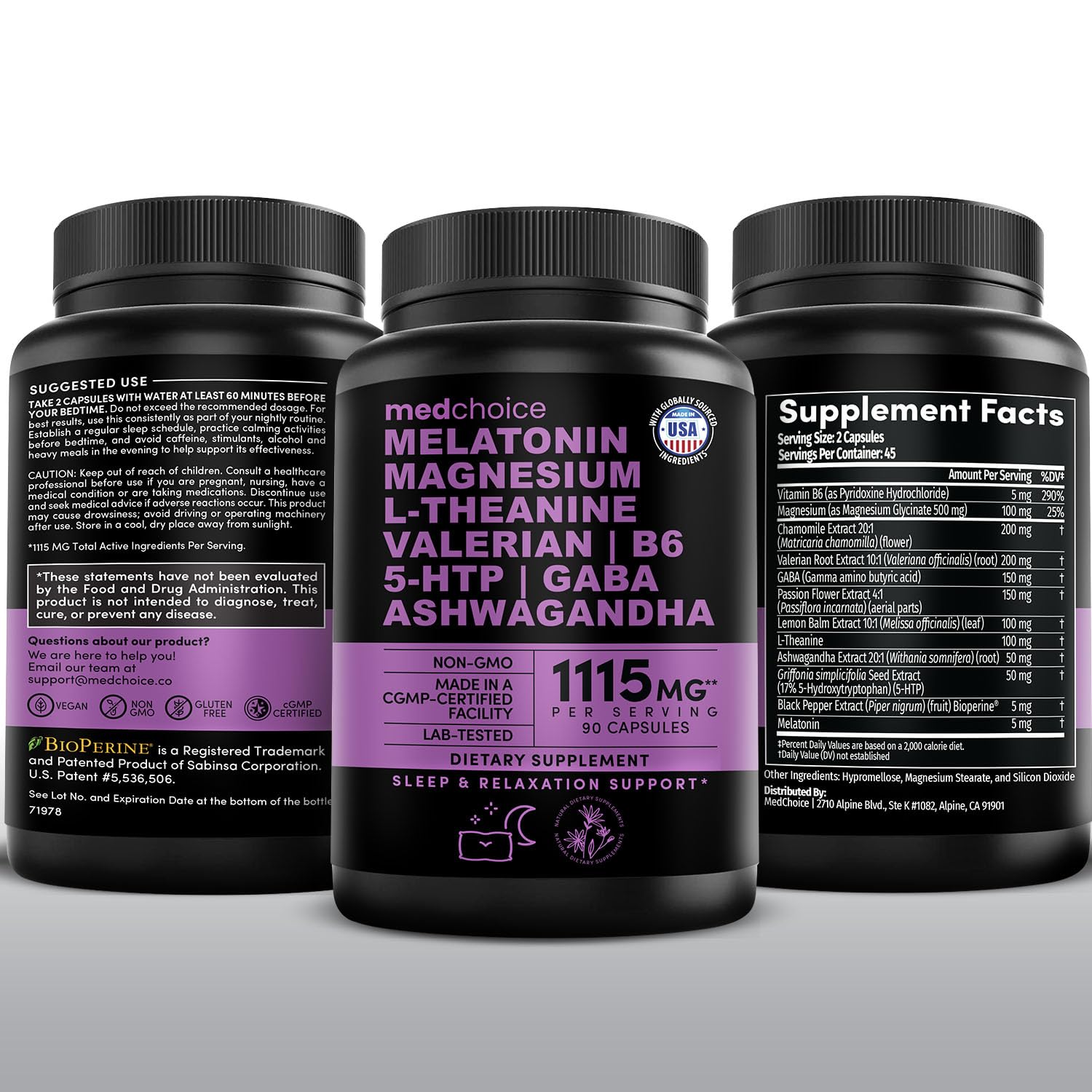 MEDCHOICE 12-in-1 Melatonin Sleep Capsules – Melatonin 5 mg + Magnesium Glycinate 500 mg (90 ct, Pack of 2)