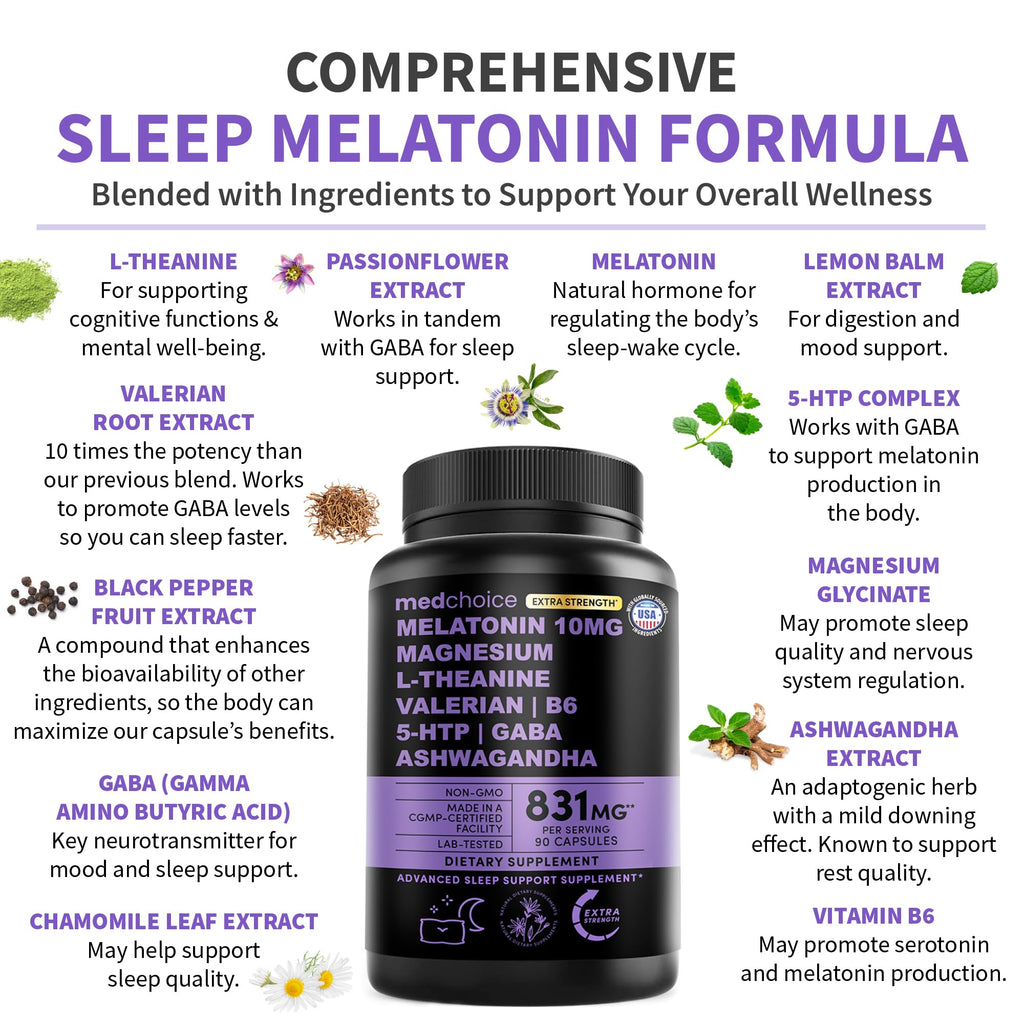 MEDCHOICE 12-in-1 Melatonin Sleep Capsules - 10mg Extra Strength with Magnesium, Ashwagandha, GABA (180 capsules, Pack of 2)