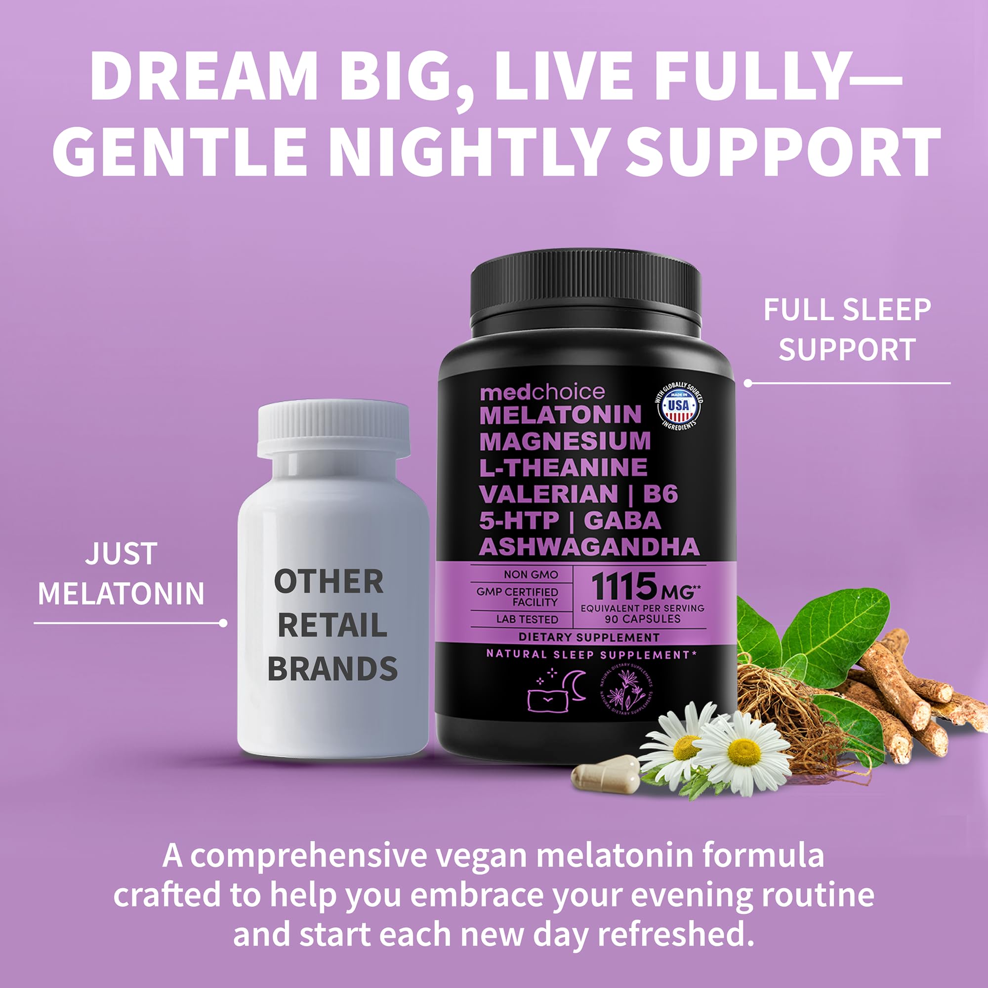 MEDCHOICE 12-in-1 Melatonin Sleep Capsules – 5mg Melatonin + Magnesium Glycinate 500mg (90ct, Pack of 4)