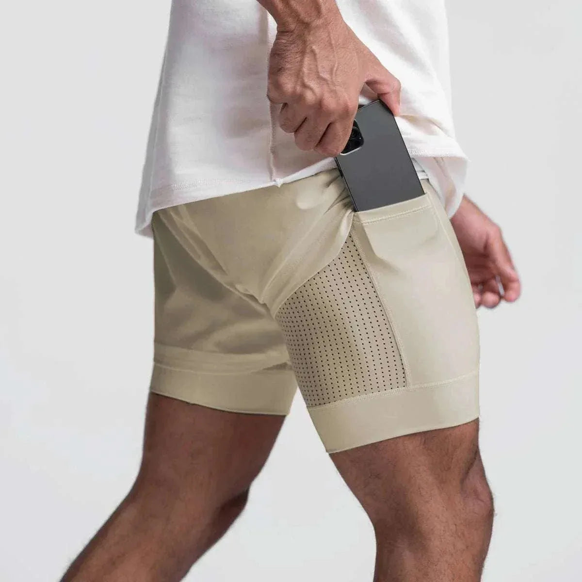 Men 2 in 1 Fitness Gym Shorts With Towel Loop Breathable Shorts